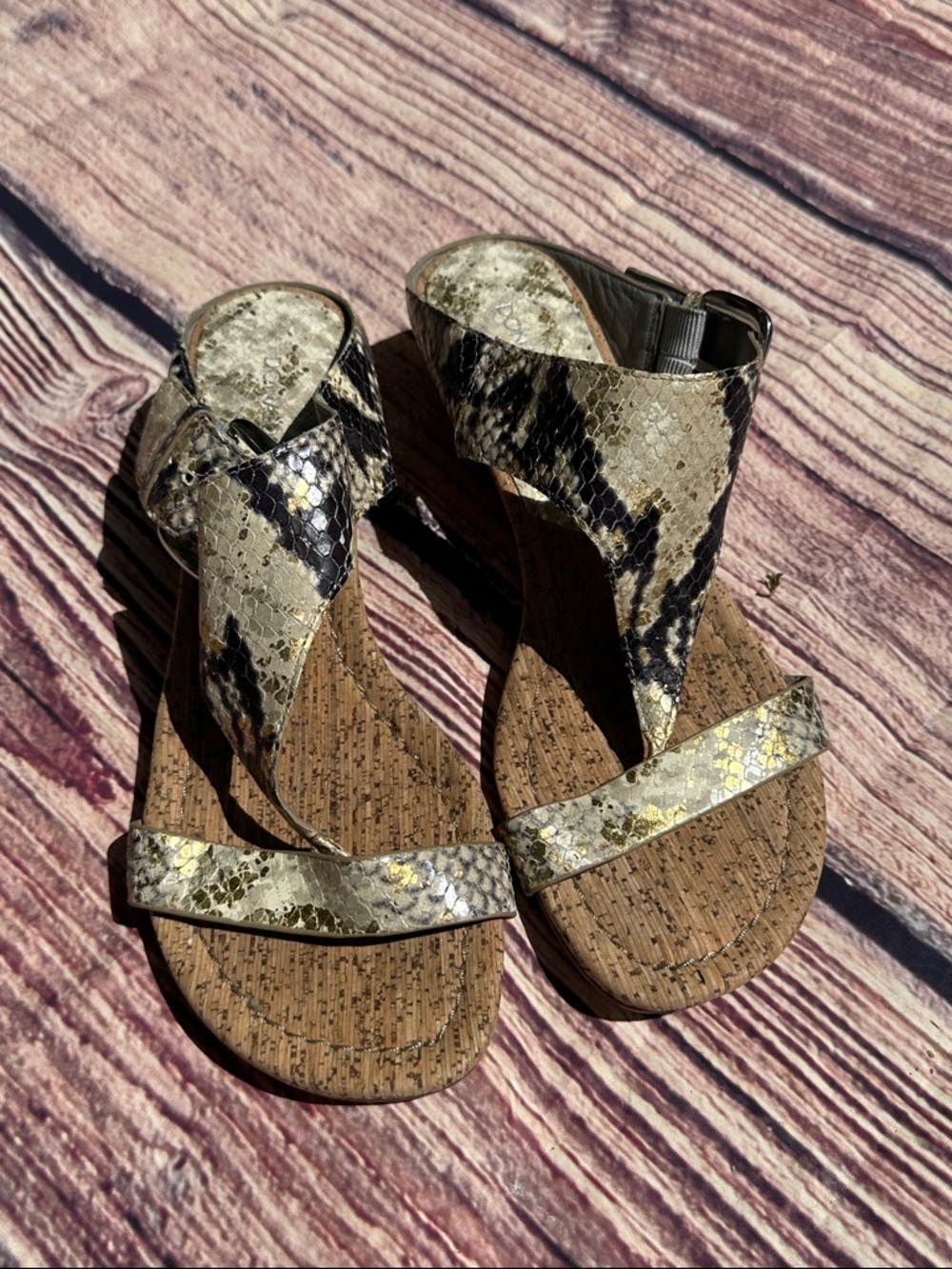 Women’s Snake-Print Ankle Strap Sandals in Gold and Black